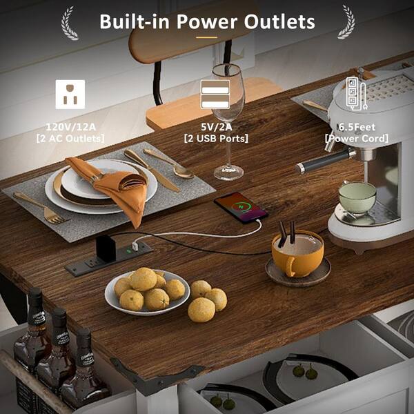 Xzkai White Wood 54 in. Kitchen Island with 5 Wheels and 3