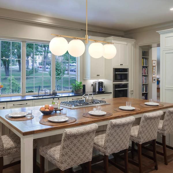 Deerfield 4-Light Modern Brass Linear Kitchen Island Chandelier with White Glass Shade