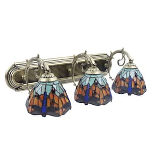 3-Light Bronze Retro Wall Sconce with Stained Glass Shades for Bathroom Bedroom Living Room
