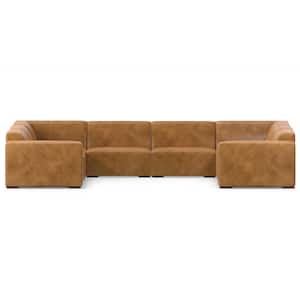 Rex 144 in. Straight Arm Genuine Leather U-Shaped Modular Sectional Sofa in. Sienna