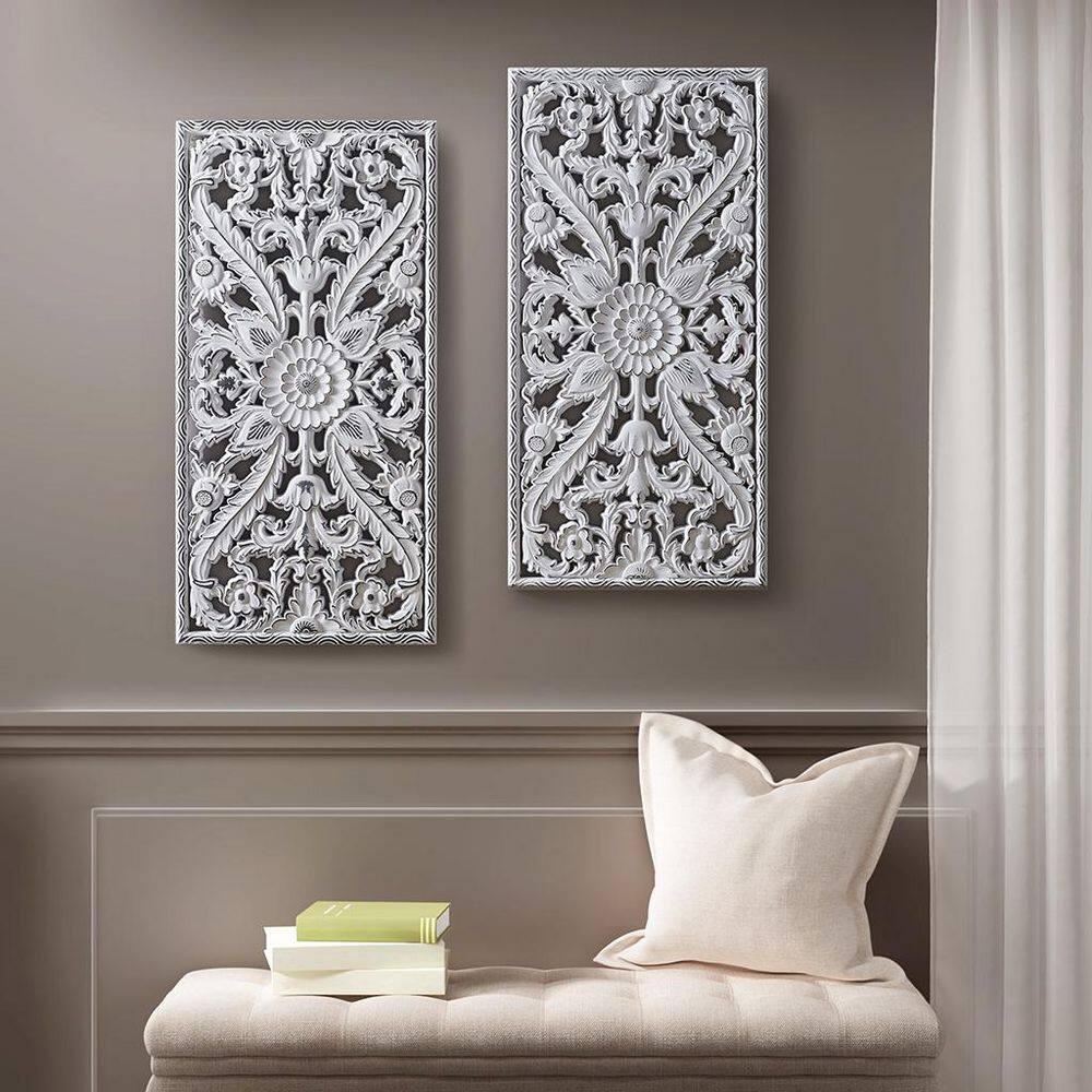Bulda 31.5 in. x 15.75 in. White Distressed Carved Art Wall Decor Wall Sculptur Wooden Wall Art (Set of 2） price history on PriceWatchPro