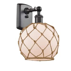 Farmhouse Rope 8 in. 1-Light Oil Rubbed Bronze Wall Sconce with White Glass with Brown Rope Glass and Rope Shade