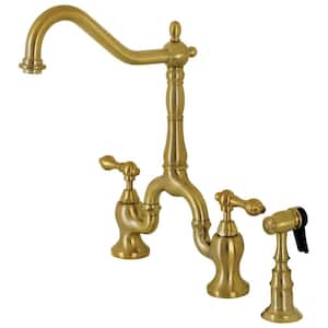 English Country Double-Handle Deck Mount Gooseneck Bridge Kitchen Faucet with Brass Sprayer in Brushed Brass