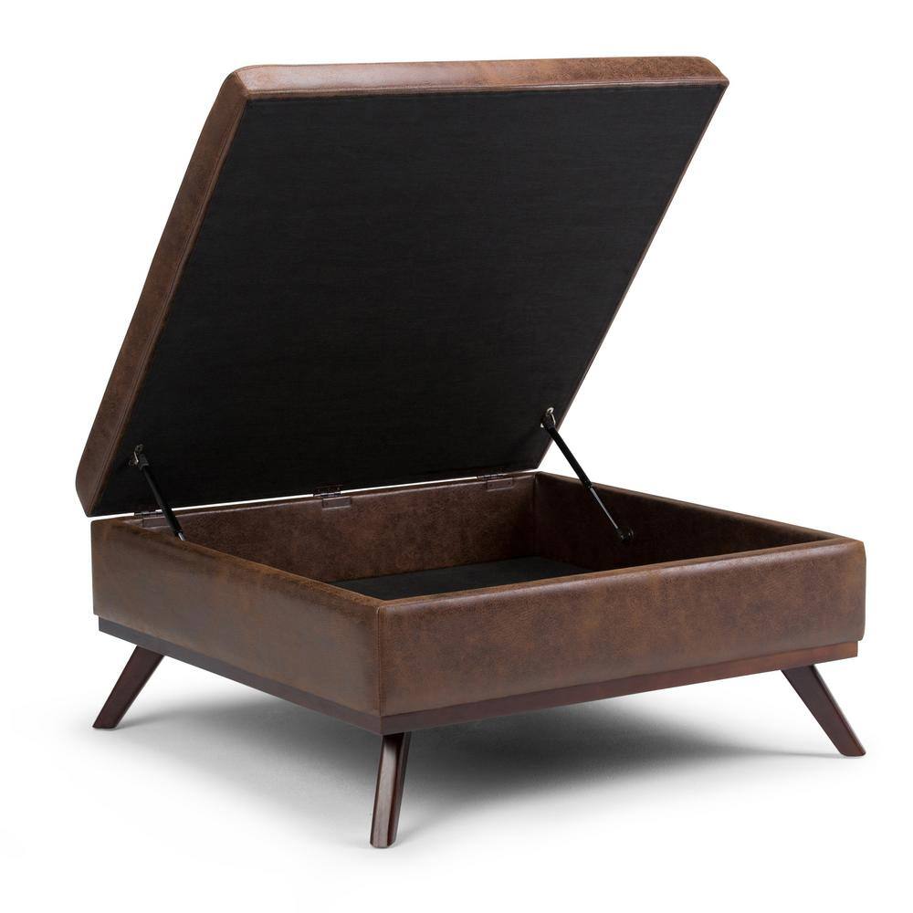 Owen Distressed Chestnut Brown Faux Leather Square Storage Ottoman