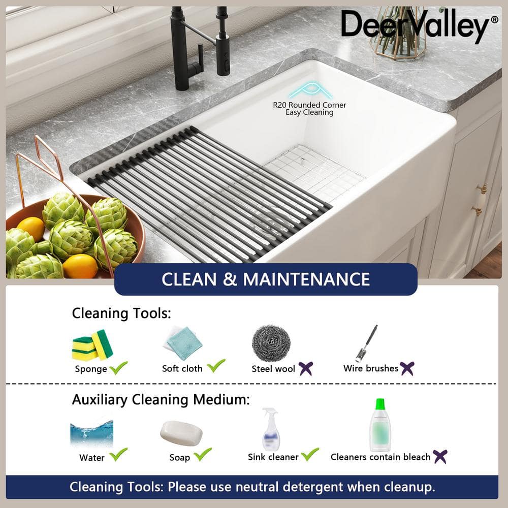 White Fireclay 33" Single Bowl Farmhouse Kitchen Sink with Accessories