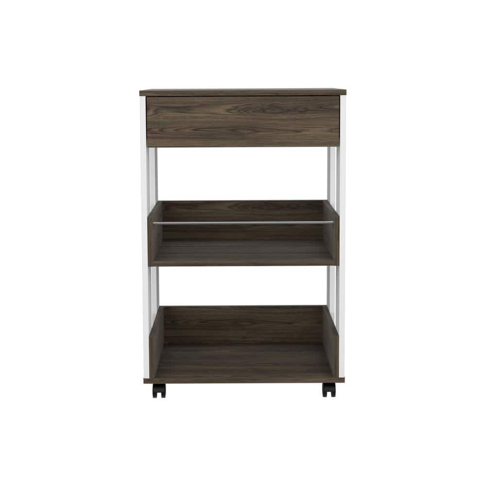 Siavonce White and Dark Walnut Kitchen Cart with Caster 1Drawer 2