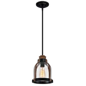 Cindy 1-Light Oil Rubbed Bronze and Barnwood Mini Pendant with Clear Seeded Glass Shade
