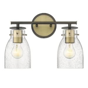 Shelby 15 in. 2-Light Oil Rubbed Bronze and Antique Brass Vanity Light with Clear Seeded Glass