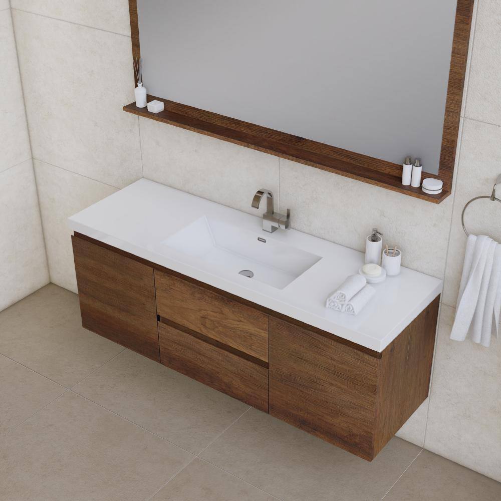 60" Rosewood MDF Floating Vanity with White Solid Surface Sink