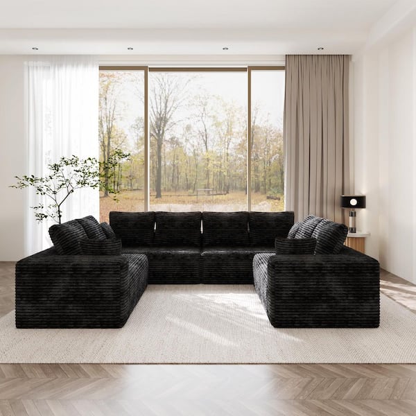 134 in. Square Arm Modern Corduroy Fabric U-Shaped 4-Pieces Free Combination Sectional Sofa in Black