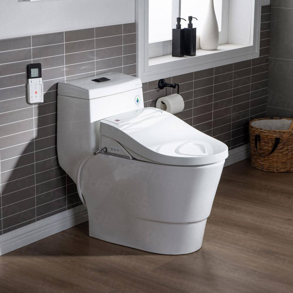 White Porcelain Elongated One-Piece Dual Flush Toilet with Smart Bidet