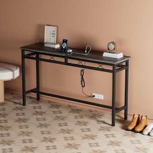 55 in. Narrow Sofa/Console Table with Charging Station and Power Outlet and USB Ports, Metal Frame, Black