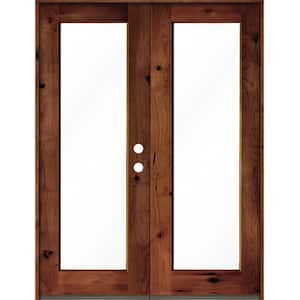 72 in. x 96 in. Rustic Knotty Alder Wood Clear Full-Lite Red Chestnut Stain Left Active Double Prehung Front Door