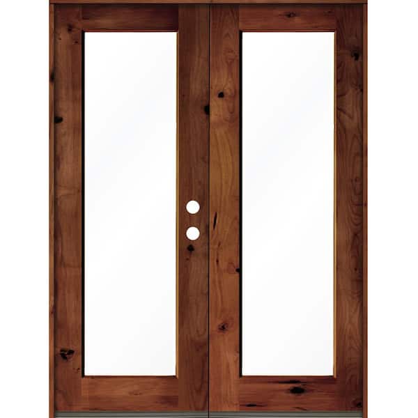 Krosswood Doors 72 in. x 96 in. Rustic Knotty Alder Wood Clear Full-Lite Red Chestnut Stain Left Active Double Prehung Front Door