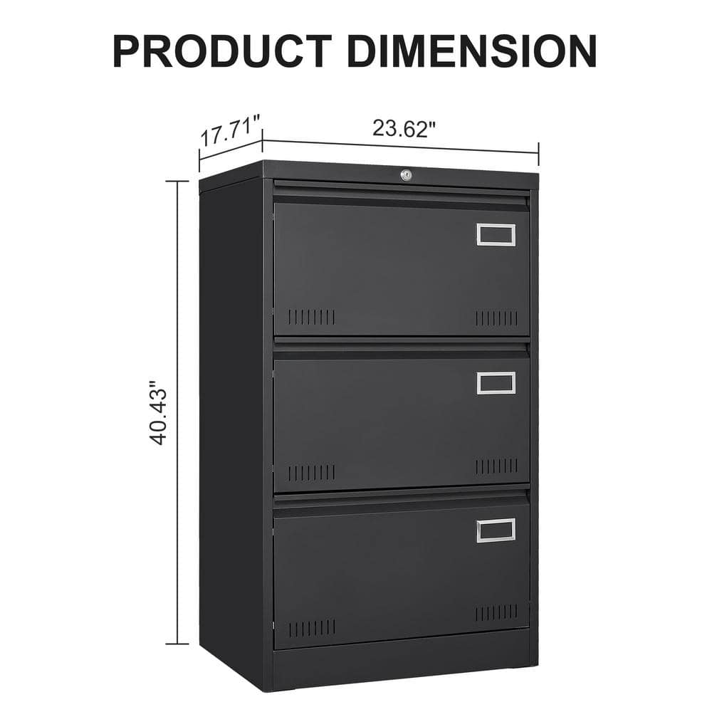 Black 3-Drawer Lockable Metal Lateral File Cabinet