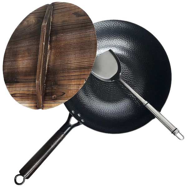 12.5 in. Carbon Steel Wok for Electric, Induction and Gas Stoves, Included Lid, Spatula and User Guide Video