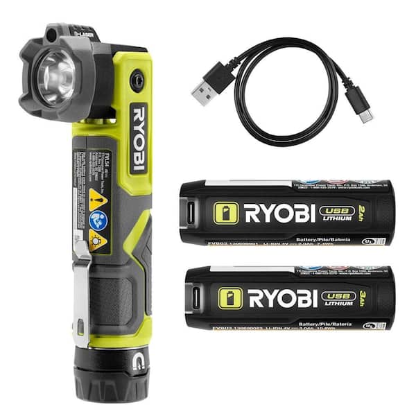 USB Lithium Pivoting 625 Lumens Head Flashlight Kit w/ 2.0 Ah Battery, Charging Cable &  USB Lithium 3.0 Ah Battery