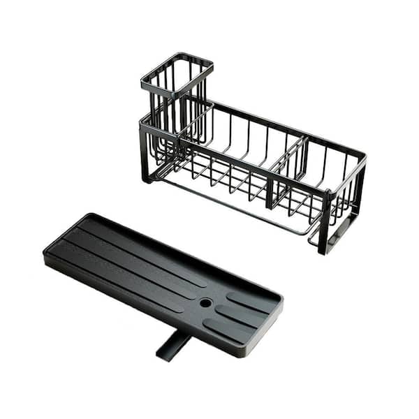 Black Stainless Steel Kitchen Sink Organizer Caddy with 360° Rotating Drainage Brush and Cloth Holders