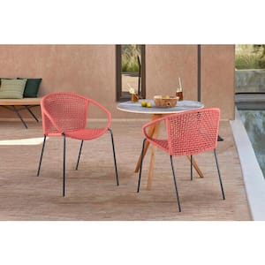 Snack Stackable Steel Indoor Outdoor Dining Chair with Brick Red Rope (Set of 2)
