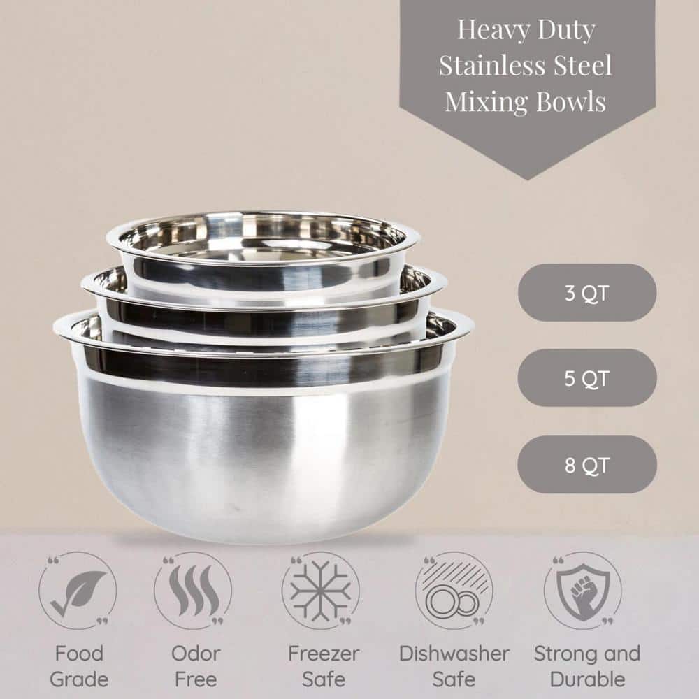 Heavy Duty Brushed Stainless Steel 3-Piece Mixing Bowl Set
