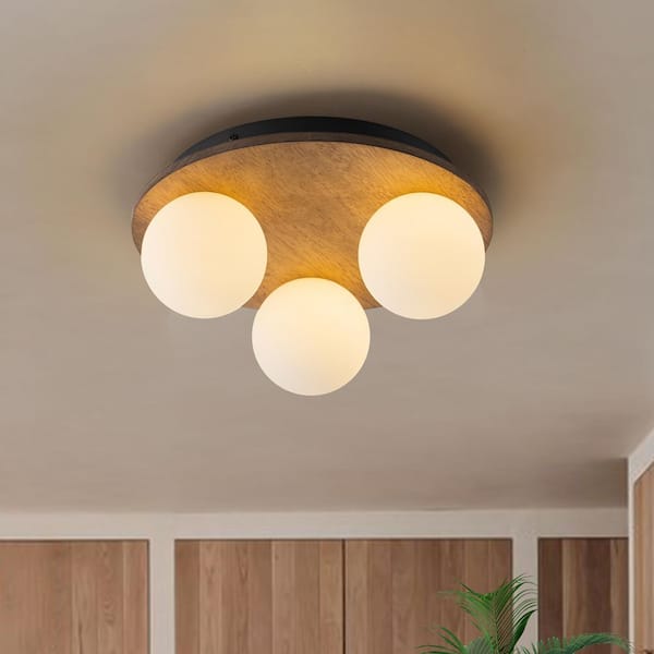 HUOKU Votos 3-Light 11.8 in. W Dark Oak Flush Mount Wood Disc Ceiling Light with Amber Cracked Glass Globe for Kitchen
