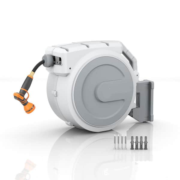Any Length Lock Heavy Duty Hose Reel Wall Mount Light Grey 180° Swivel 9 Pattern Nozzle High Flow 5/8 90 ft.