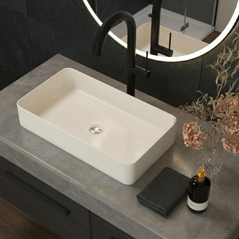 Tysun 24” X 14” Rectangular Vessel Sink – Modern Porcelain Ceramic Above-Counter Bathroom Basin, White, With Pop-Up Drain (Faucet Not Included)