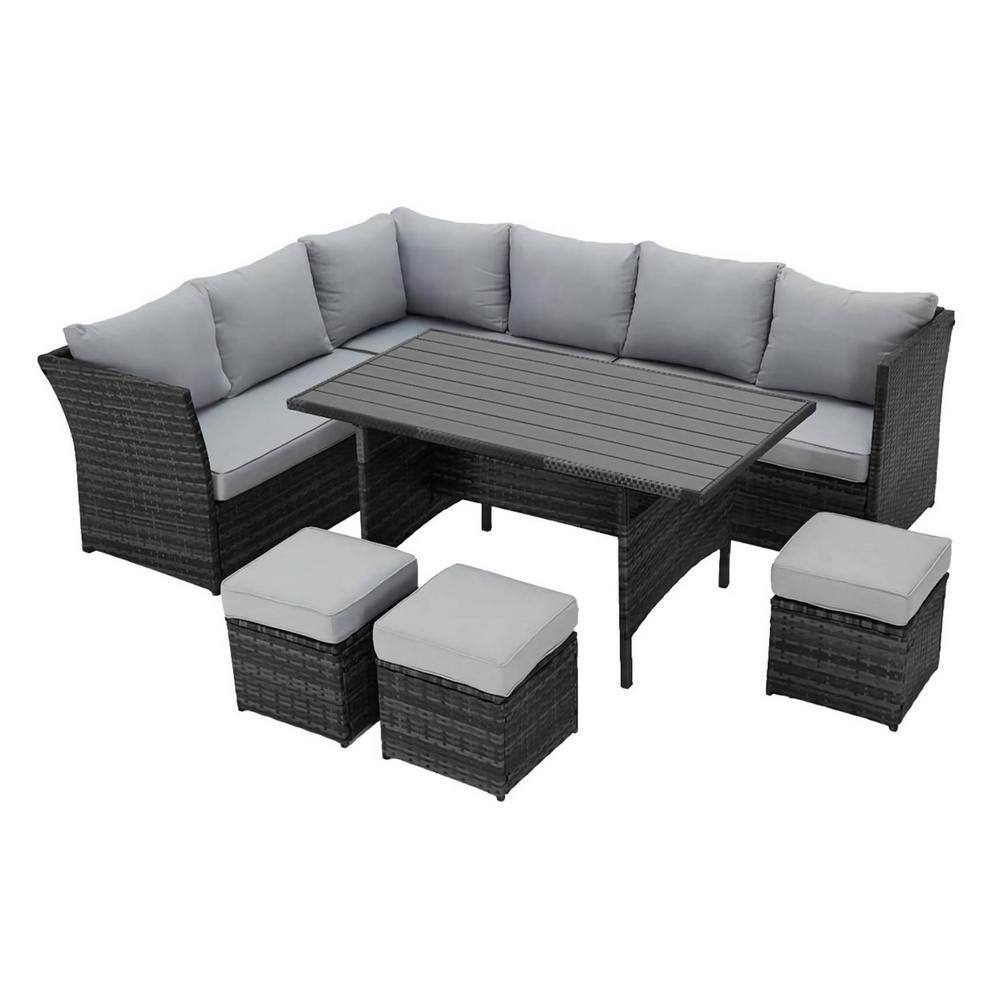 Miscool Pro 7-Piece Wicker Outdoor Dining Set with Gray Cushion, 3 ...