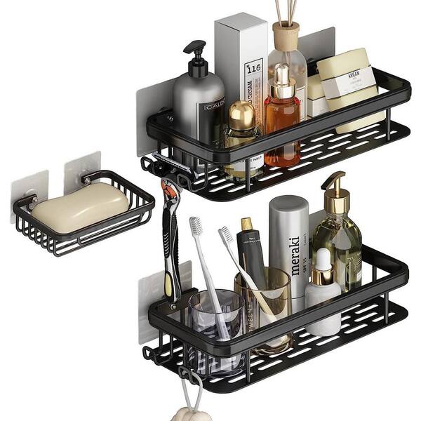 Aoibox 2 Pcs 4.88 in. W x 8.7 in. H x 15.74 in. D Glass Rectangular Bath Shower Shelf in Black, One of Them with Towel Holder