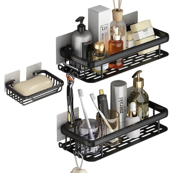 Aoibox 2-Piece 4.88 in. W x 5.85 in. H x 15.74 in. D Glass Rectangular Shower Shelf in Silver with 4 Hooks, 1 with A Towel Bar