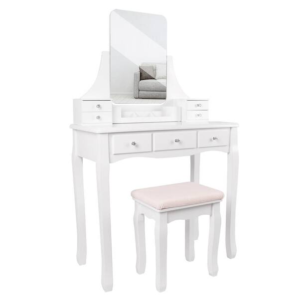 VEIKOUS Modern White Wooden Vanity Set Makeup Dressing Table Stool with