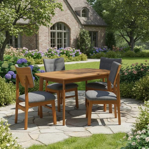 5-Piece Brown Wood Outdoor Dining Set with Gray Cushions Space-Saving Dinette Set