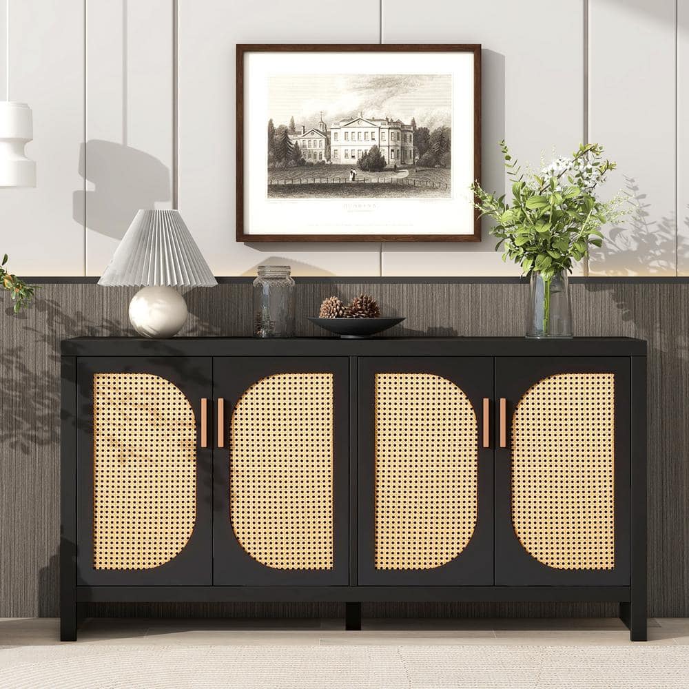 59.1 in. W x 13.8 in. D x 30 in. H Black Wood Linen Cabinet with PE Rattan 