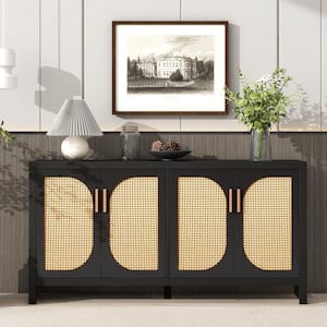59.1 in. W x 13.8 in. D x 30 in. H Black Wood Linen Cabinet with PE Rattan Doors and Adjustable Shelves