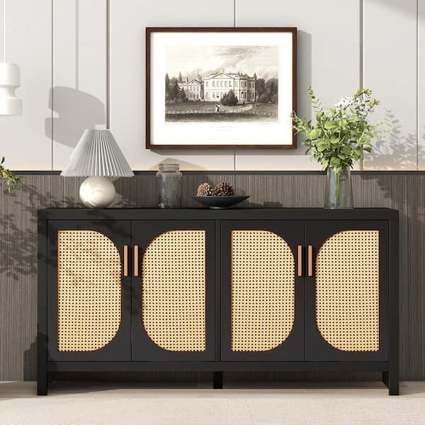 Unbranded 59.1 in. W x 13.8 in. D x 30 in. H Black Wood Linen Cabinet with PE Rattan Doors and Adjustable Shelves