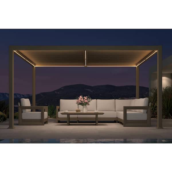 10 ft. x 14 ft. Champagne Aluminum Outdoor Louvered Pergola with Individual Adjustable Sunshade Roofs and LED Lights
