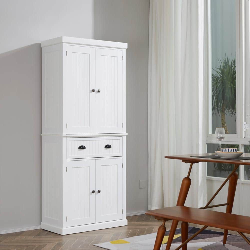 White Kitchen Pantry, Tall Storage Cabinet, Freestanding Cupboard with-Draw