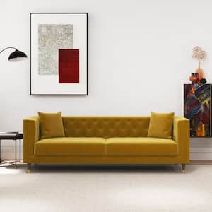 Louise 91 in. W Luxury Modern Square Arm Tufted Velvet Living Room Rectangle Couch in Yellow Mustard
