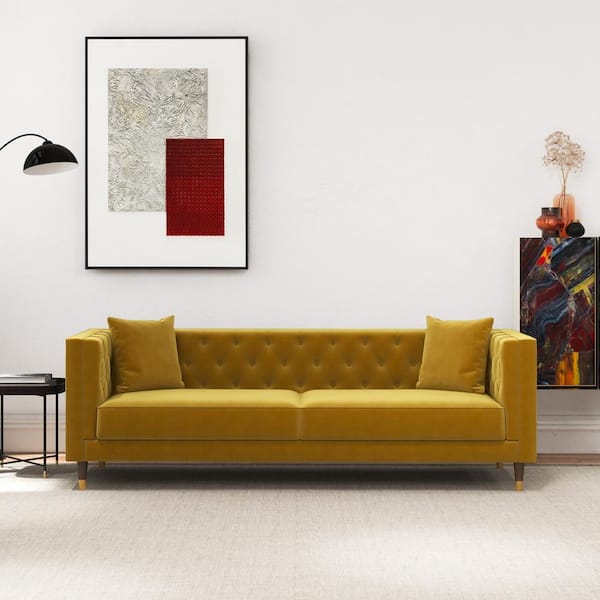 Ashcroft Furniture Co Louise 91 in. W Luxury Modern Square Arm Tufted Velvet Living Room Rectangle Couch in Yellow Mustard