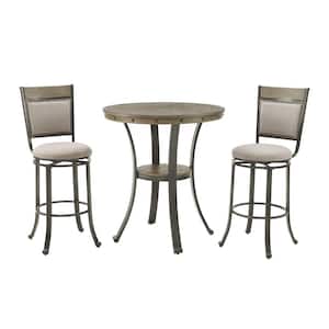 3-Piece Franklin Rustic Umber with Pewter Metal Round Pub Height Dining Set