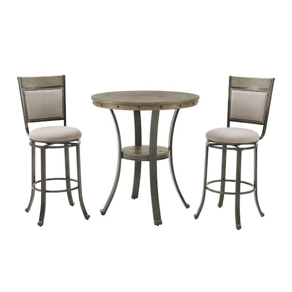 Powell Company 3-Piece Franklin Rustic Umber with Pewter Metal Round Pub Height Dining Set