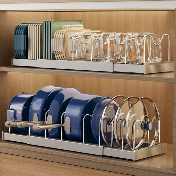 2 Pack Gray Expandable Cabinet Inside Pot Rack for Kitchen Counter Pantry Under Cabinet Storage with 9 Dividers