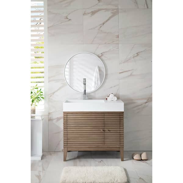 Linear 35.5 in. W x 19 in.D x 34.5 in. H Single Bath Vanity in Whitewashed Walnut with Solid Surface Glossy White Top