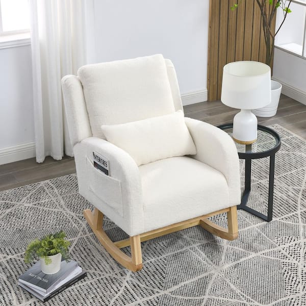 27.5 in. Beige High Back Teddy Fabric Rocking Chair w/Lumbar Pillow and Side Pockets, Wood Legs for Living Room, Bedroom