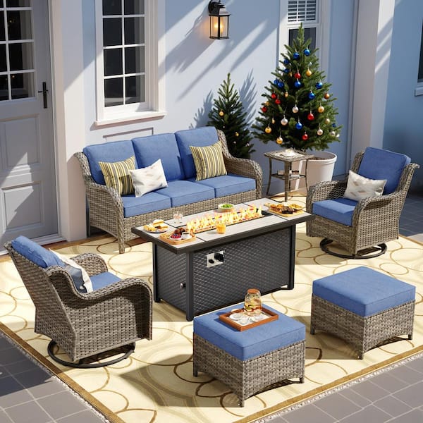 OVIOS Yosemite Gray 7-Piece Wicker Patio 54 in. Rectangle Fire Pit Conversation Set with Denim Blue Cushions and Swivel Chairs