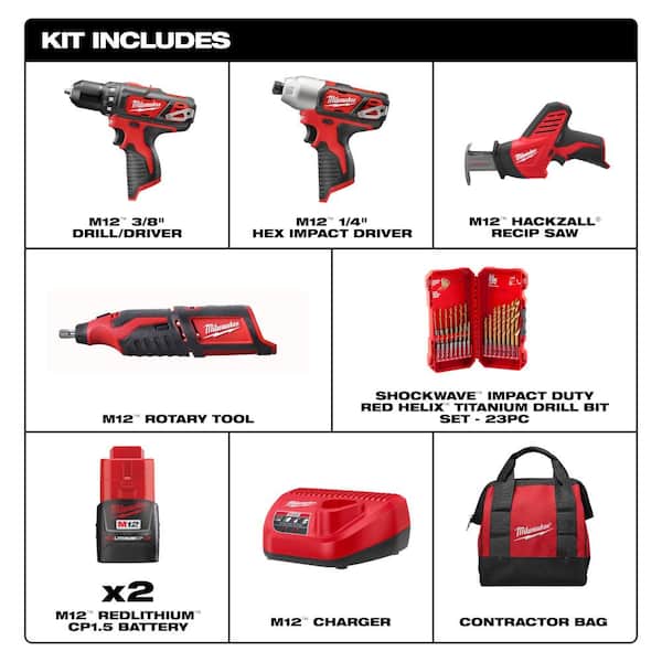 M12 12V Lithium-Ion Cordless 4-Tool Combo Kit with (2) Compact 1.5Ah Batteries and Charger w SHOCKWAVE Bit Set (23-Pc)