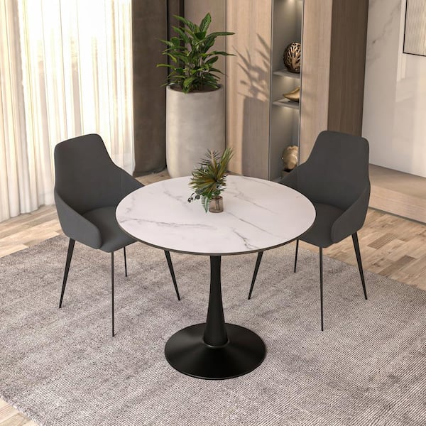 Bristol Dining Table 35 in. Round MDF Wood in Black/Marbled White Tabletop Stainless Steel Glossy Pedestal Base Seats 4