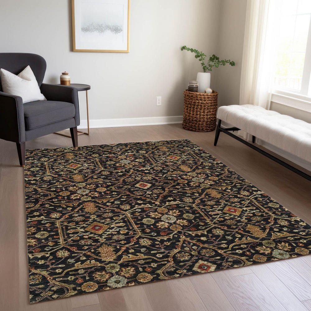 Black Rectangular Synthetic Washable Area Rug 3' x 5'