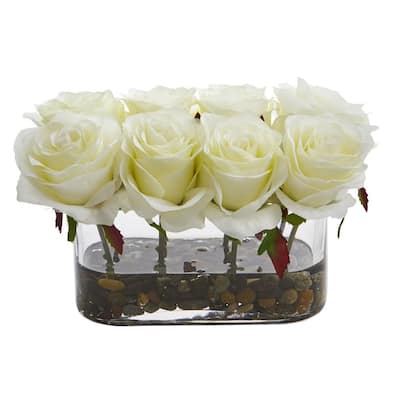 5.5 in. High Blooming White Roses in Glass Vase Artificial Arrangement