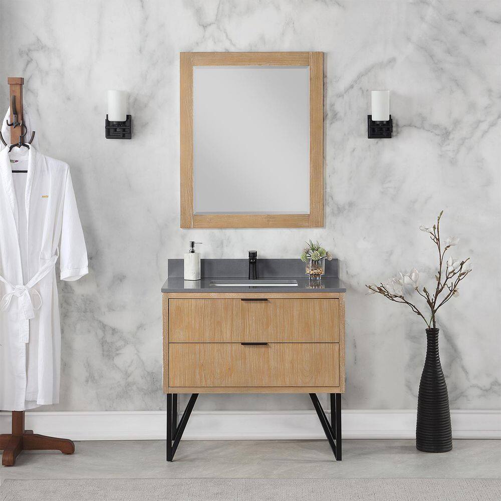 Helios Weathered Pine 36" Single Vanity with Concrete Grey Top and Mirror